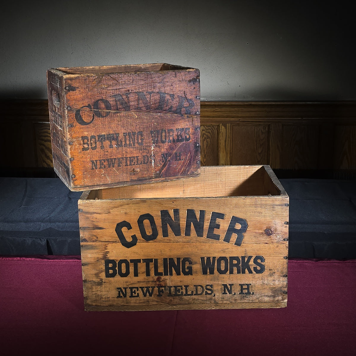 Pair of Vintage Conner Bottling Works Wooden Beverage Crates, Newfields, New Hampshire