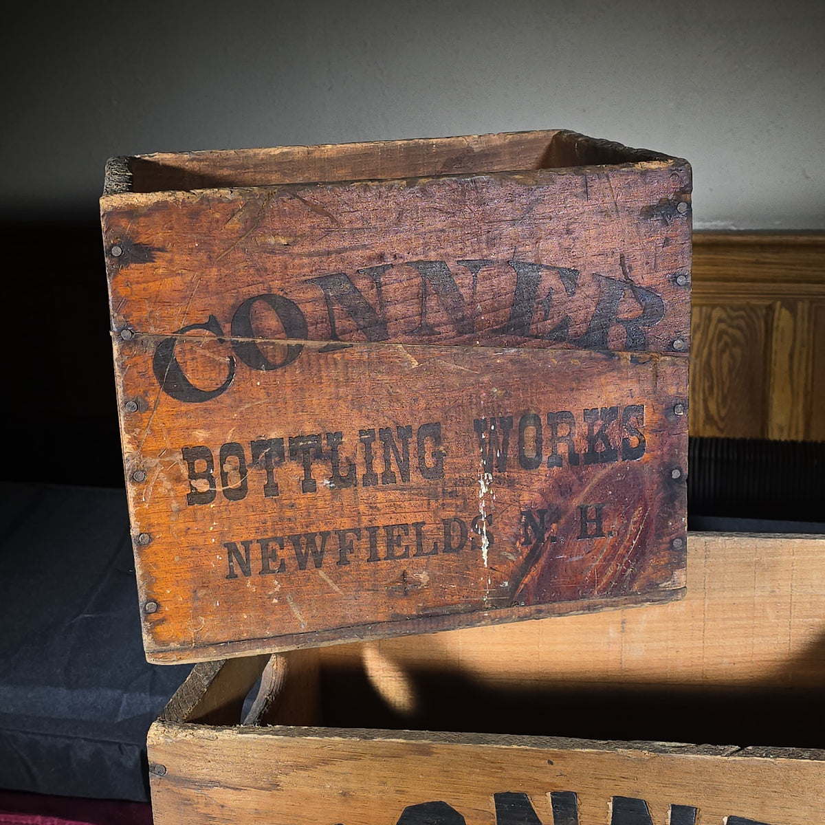 Pair of Vintage Conner Bottling Works Wooden Beverage Crates, Newfields, New Hampshire