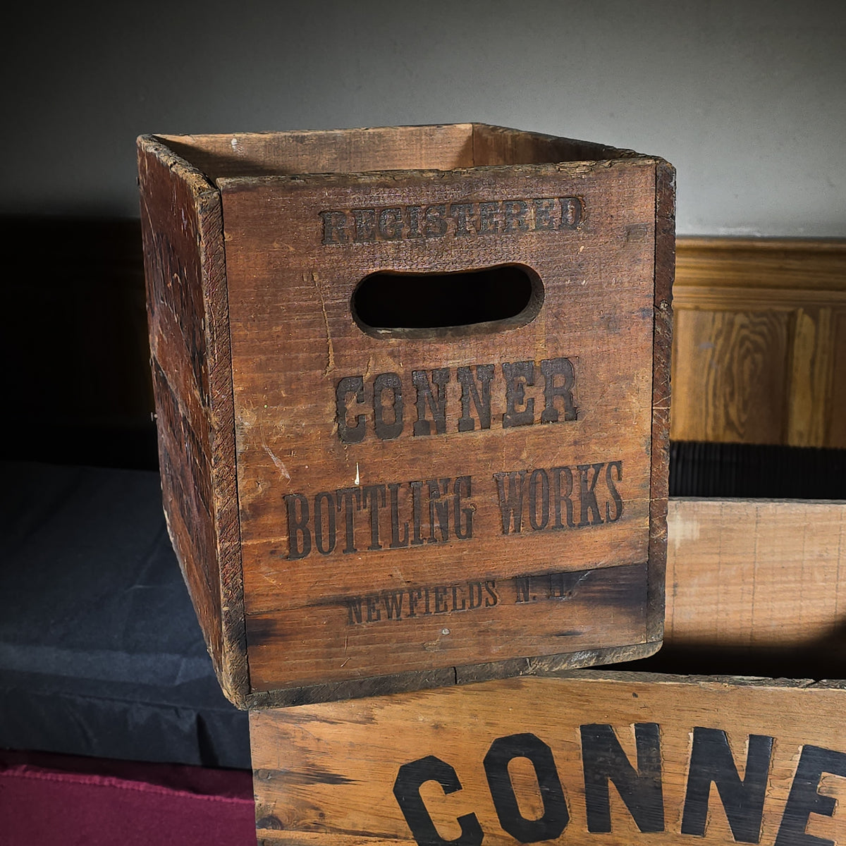 Pair of Vintage Conner Bottling Works Wooden Beverage Crates, Newfields, New Hampshire