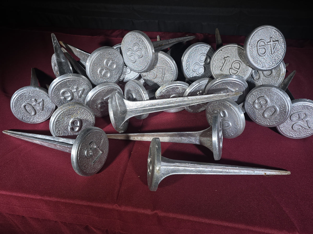 Grouping of Vintage Cast Aluminum Numbered Ground Stakes, No. 4, Manufactured by Lakeshore Pattern Works, Erie, Pennsylvania