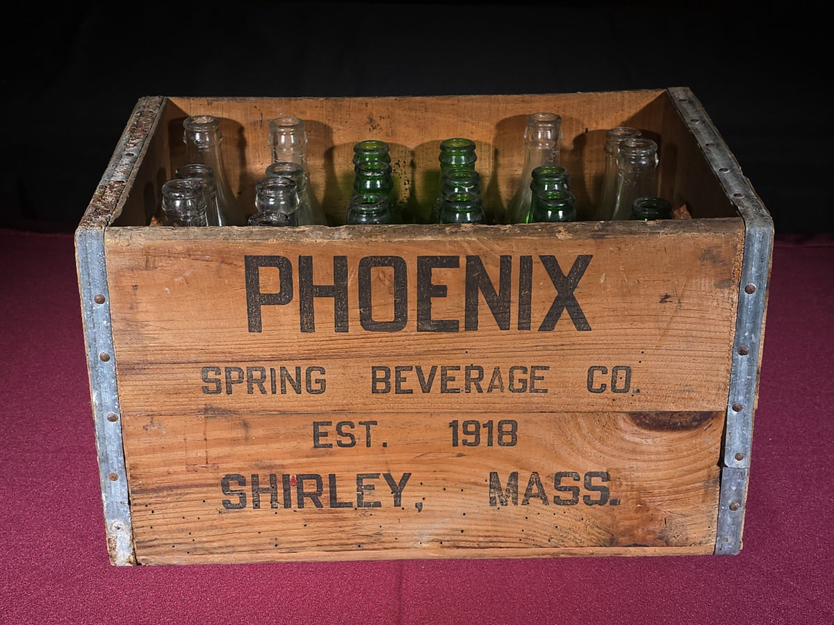 Vintage Phoenix Spring Beverage Co. Wooden Crate with Bottles, Shirley, Massachusetts, Est. 1918