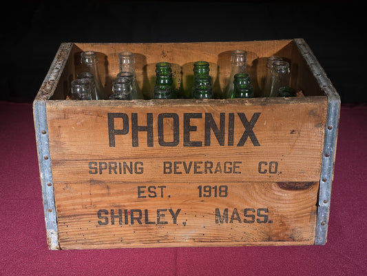Vintage Phoenix Spring Beverage Co. Wooden Crate with Bottles, Shirley, Massachusetts, Est. 1918