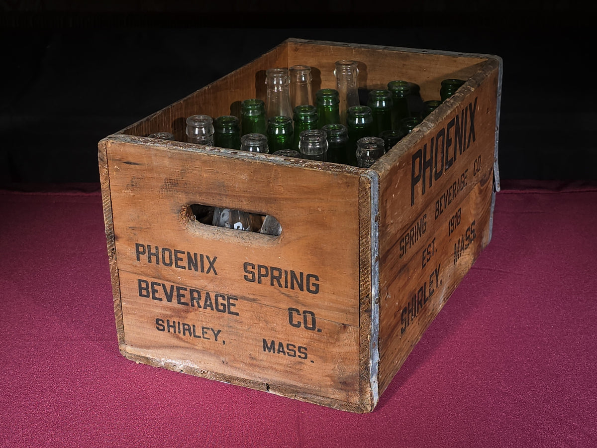 Vintage Phoenix Spring Beverage Co. Wooden Crate with Bottles, Shirley, Massachusetts, Est. 1918