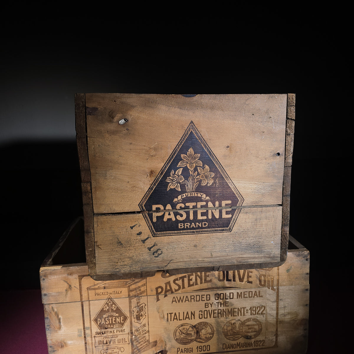 Pair of Antique Pastene Brand Superfine Olive Oil Wooden Shipping Crates, Boston, Massachusetts