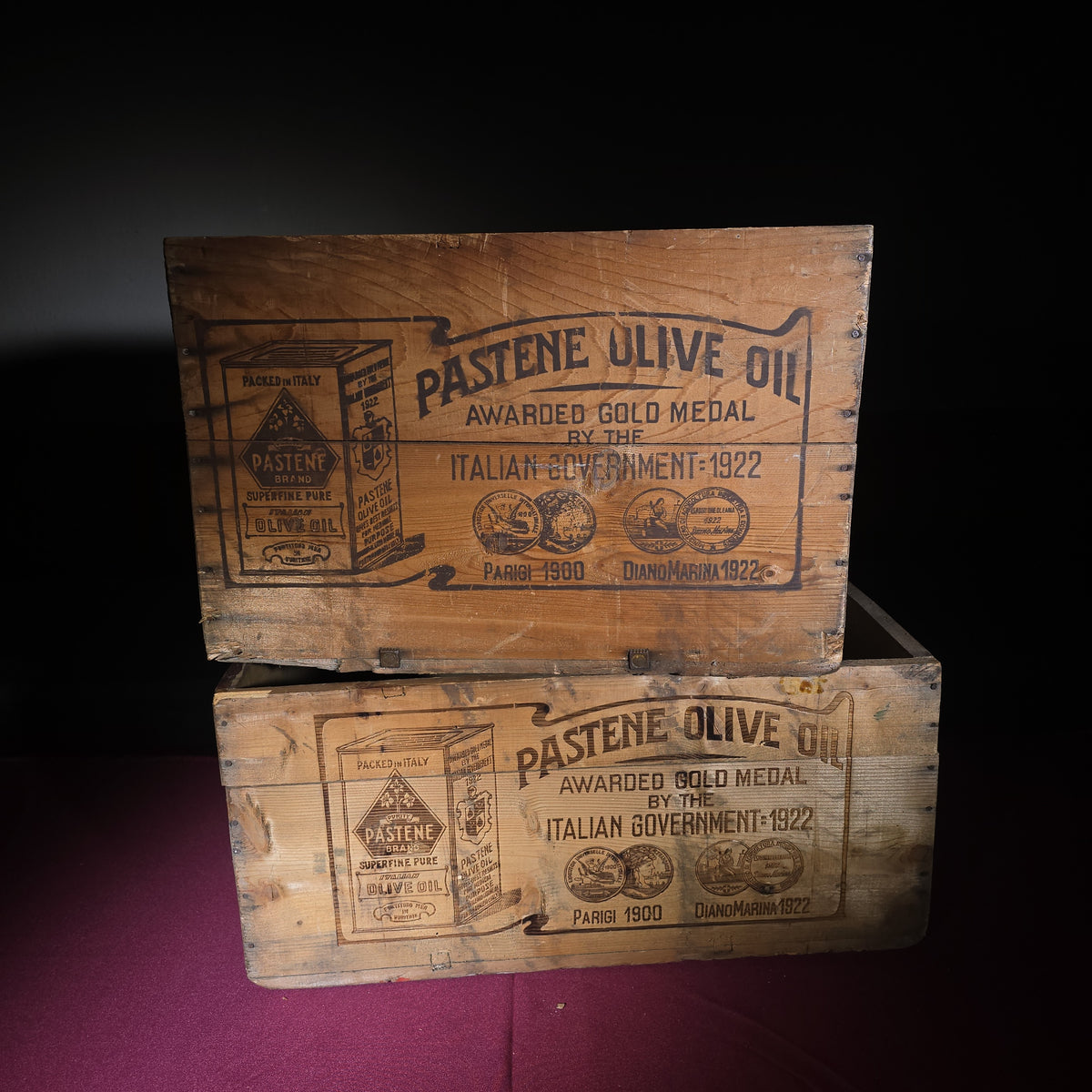 Pair of Antique Pastene Brand Superfine Olive Oil Wooden Shipping Crates, Boston, Massachusetts