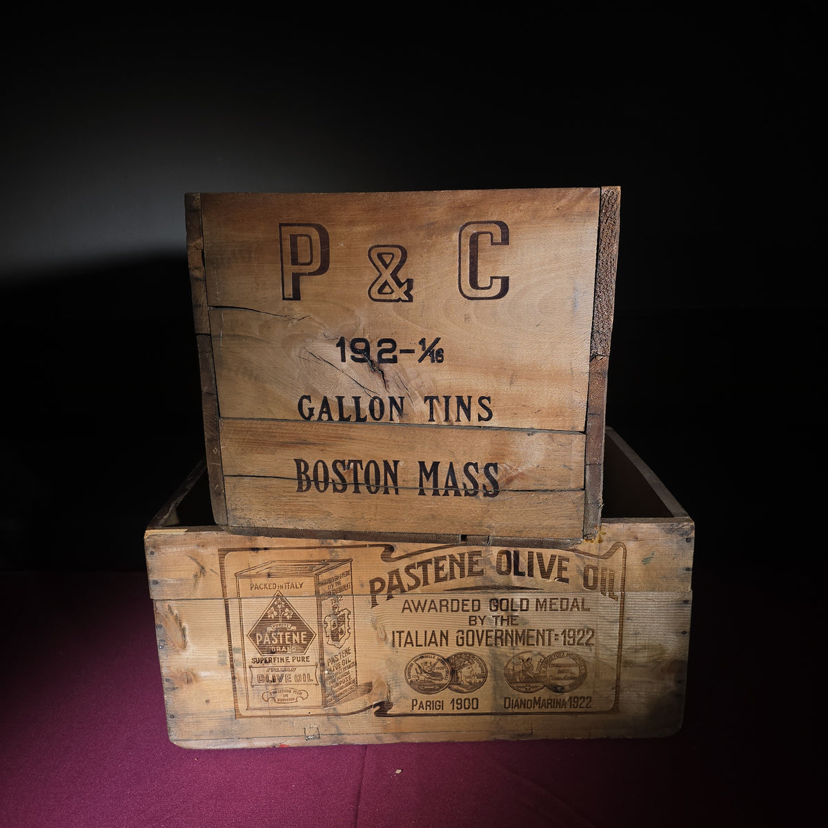 Pair of Antique Pastene Brand Superfine Olive Oil Wooden Shipping Crates, Boston, Massachusetts