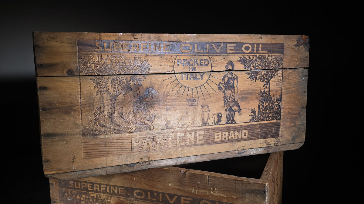 Pair of Antique Pastene Brand Superfine Olive Oil Wooden Shipping Crates, Boston, Massachusetts