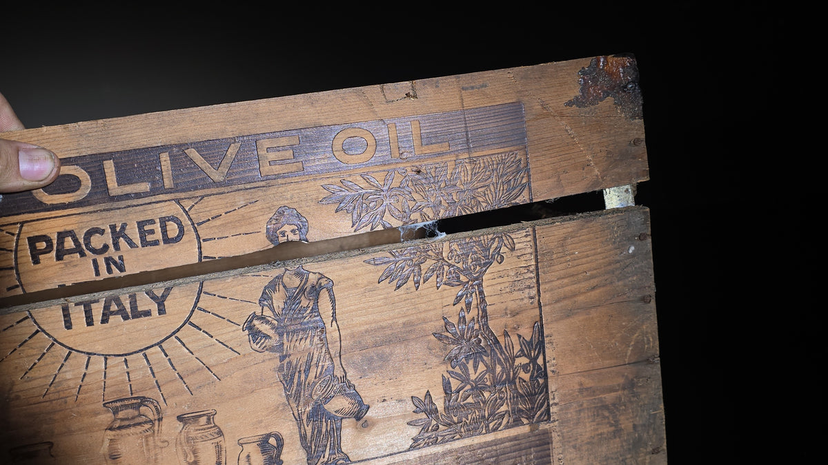 Pair of Antique Pastene Brand Superfine Olive Oil Wooden Shipping Crates, Boston, Massachusetts