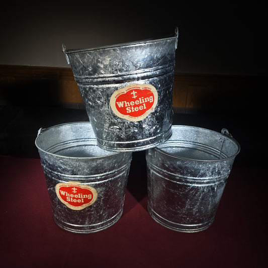 Trio of Vintage Galvanized Steel 12-Quart Buckets, Manufactured by Wheeling Corrugating Company, Wheeling, West Virginia