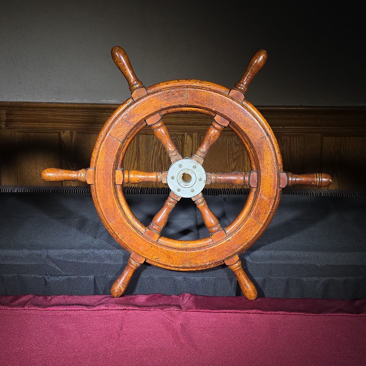 Vintage Wooden Ship's Wheel with Metal Hub