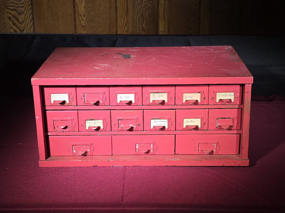 Vintage Pink-Painted Wooden Parts Cabinet with 18 Metal Drawers and Handwritten Labels