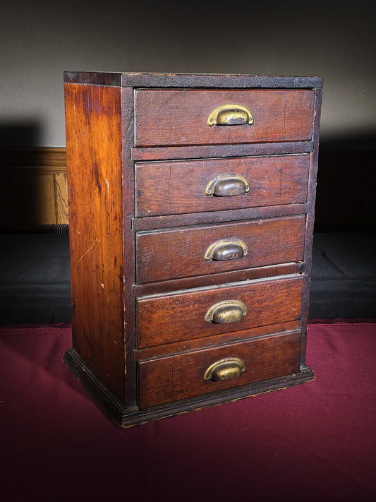 Antique Five-Drawer Wooden Parts Cabinet with Brass Bin Pulls and Divided Drawers