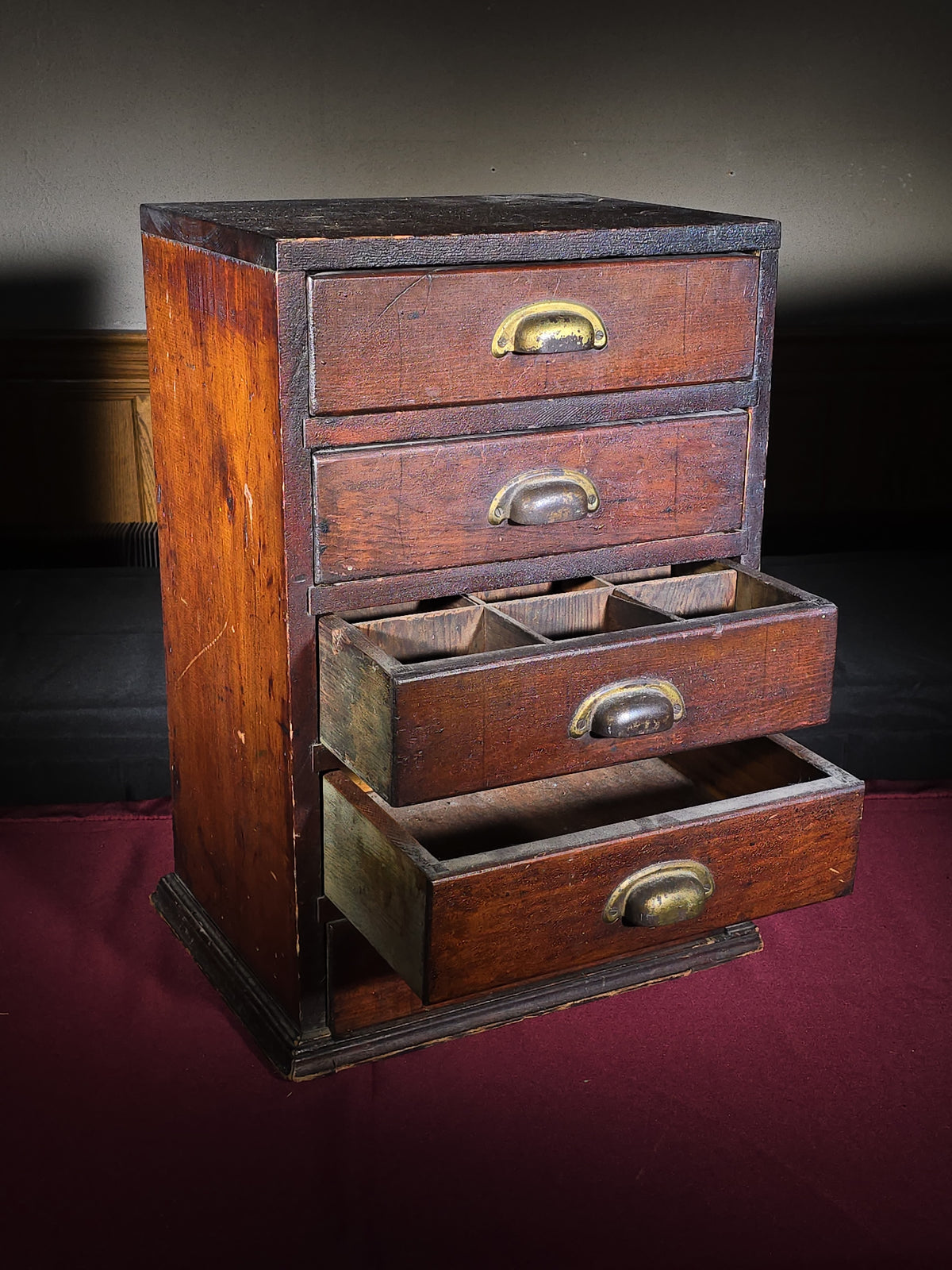 Antique Five-Drawer Wooden Parts Cabinet with Brass Bin Pulls and Divided Drawers