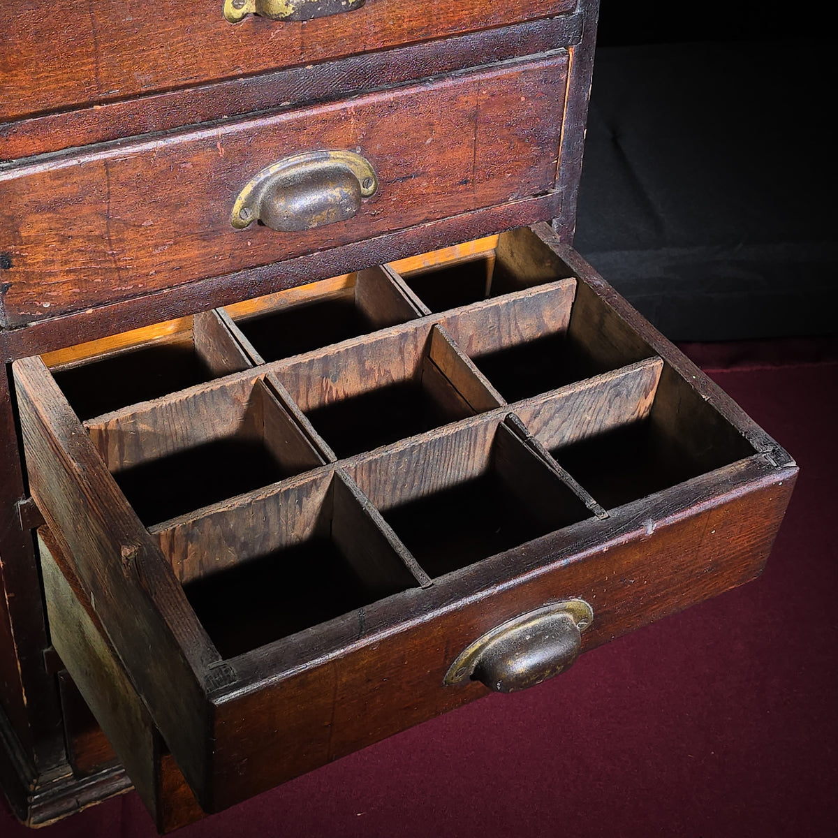 Antique Five-Drawer Wooden Parts Cabinet with Brass Bin Pulls and Divided Drawers