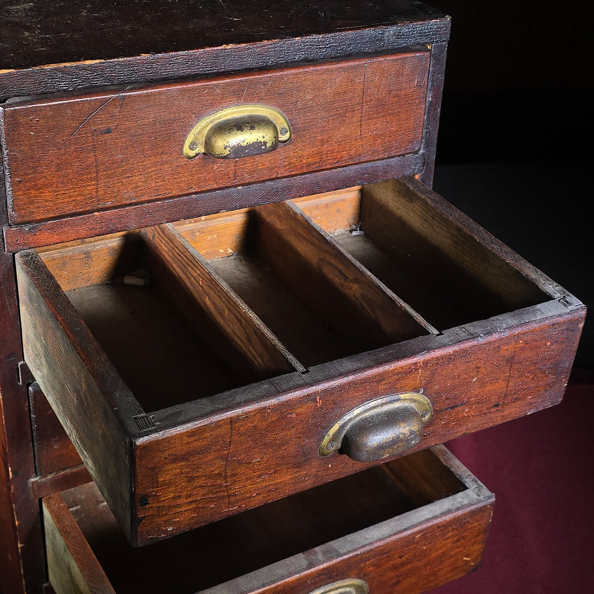 Antique Five-Drawer Wooden Parts Cabinet with Brass Bin Pulls and Divided Drawers