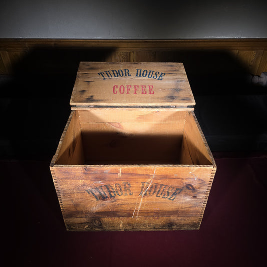 Vintage Tudor House Coffee Wooden Advertising Crate with Lid