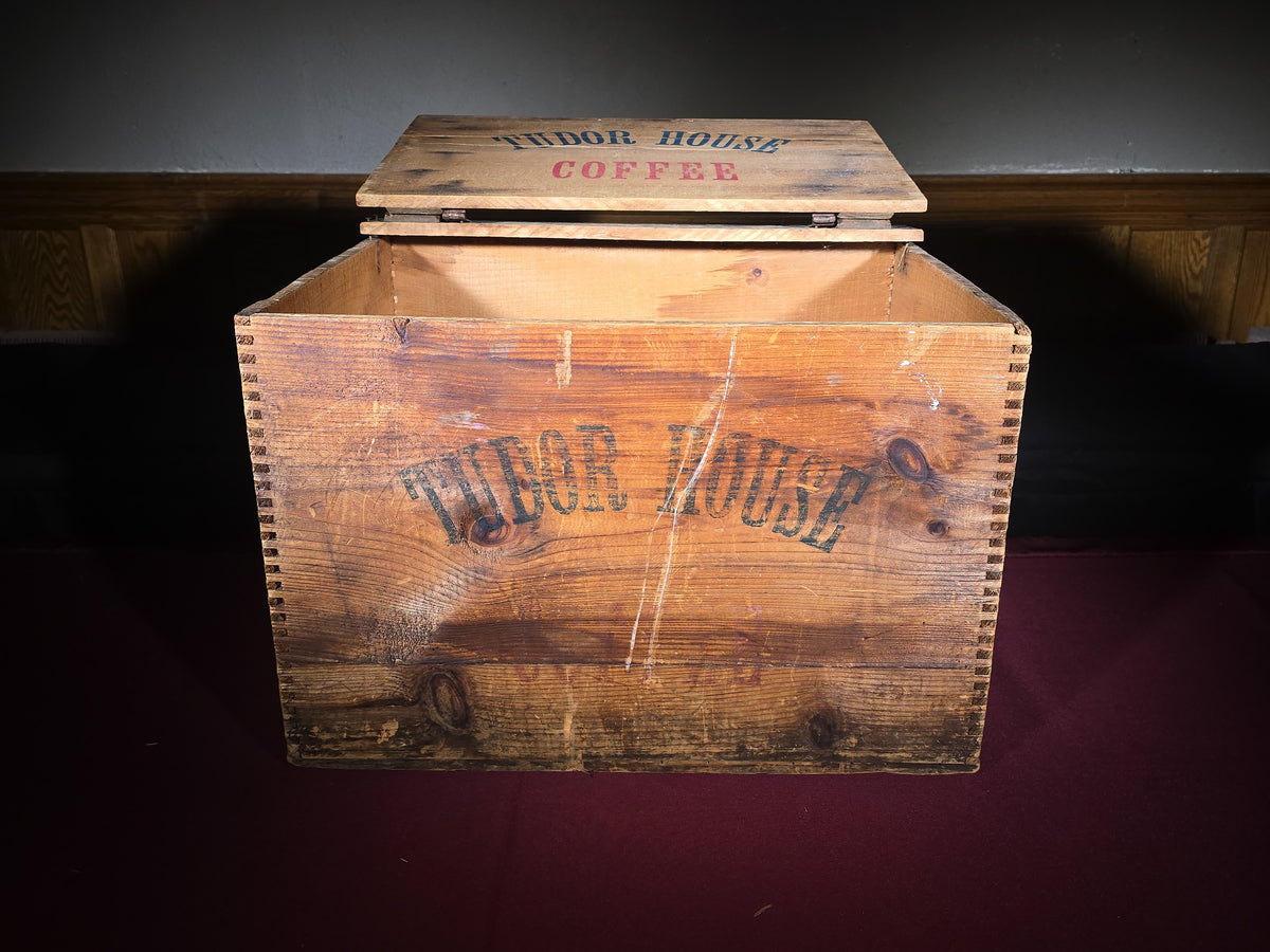 Vintage Tudor House Coffee Wooden Advertising Crate with Lid