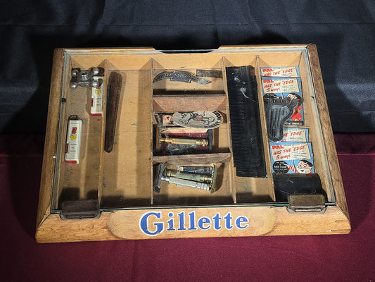 Vintage Gillette Advertising Wooden Display Case with Assorted Smalls including Mickey Mouse Patch, Pal Razor Blades, Dennis the Menace Flashlights, and Chevrolet Emblem