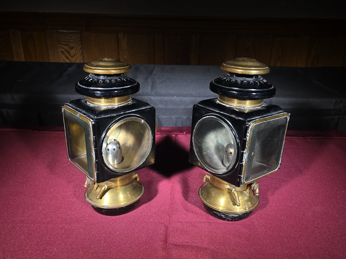 Pair of Antique Automobile Side Lamps with Beveled Glass, Manufactured by E. & J. (Edmund & Jones), Detroit, Michigan, Patented 1908