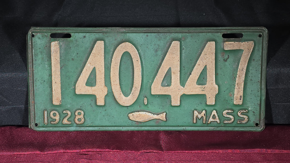 Antique 1928 Massachusetts License Plate No. 140447 with Cod Fish Emblem