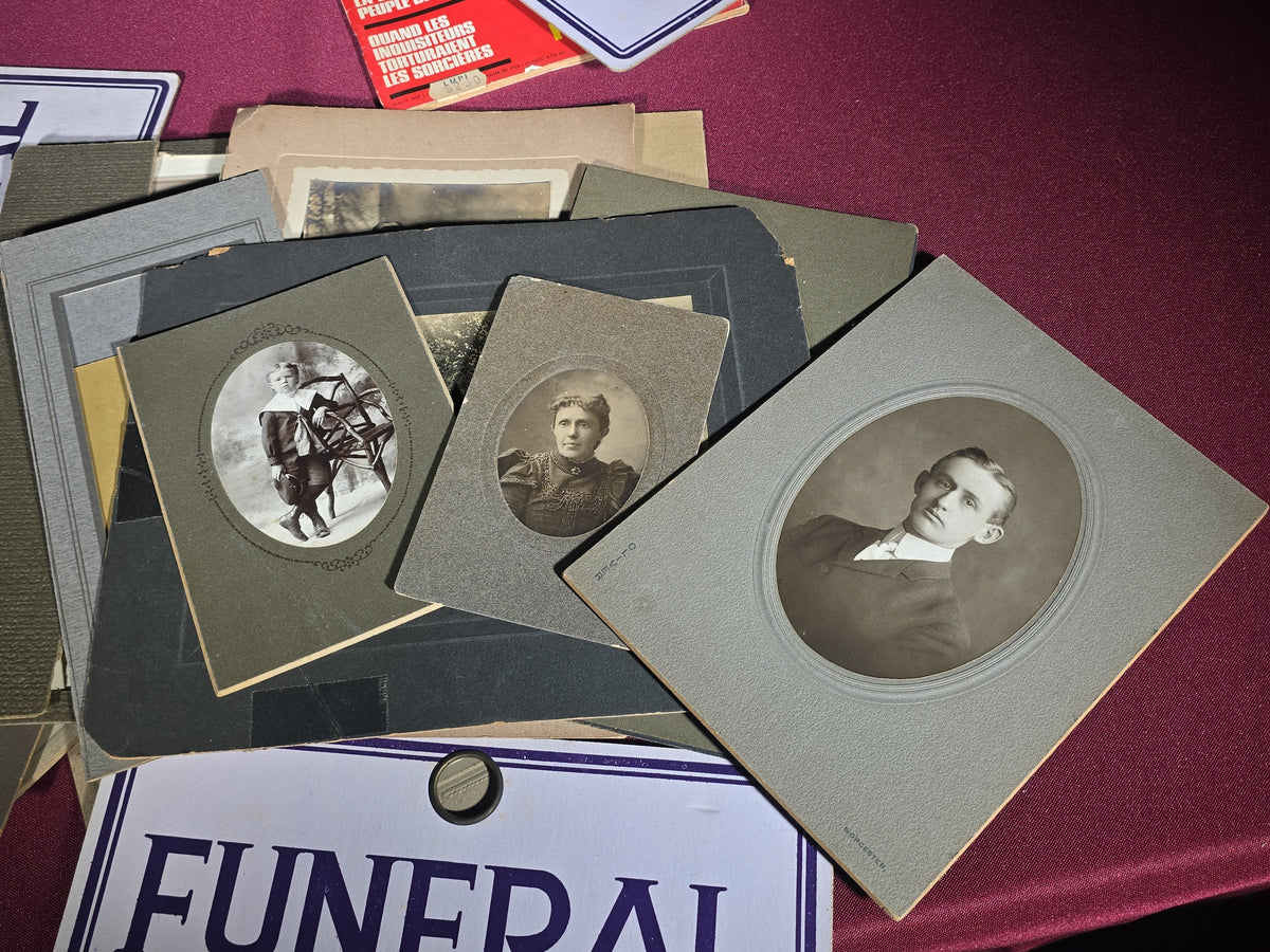 Grouping of Antique and Vintage Ephemera including Board-Mounted Photographs, "Funeral Car" Placards by H. A. Smith Co., St. Paul, Minnesota, and "Miroir de l'Histoire" Magazine