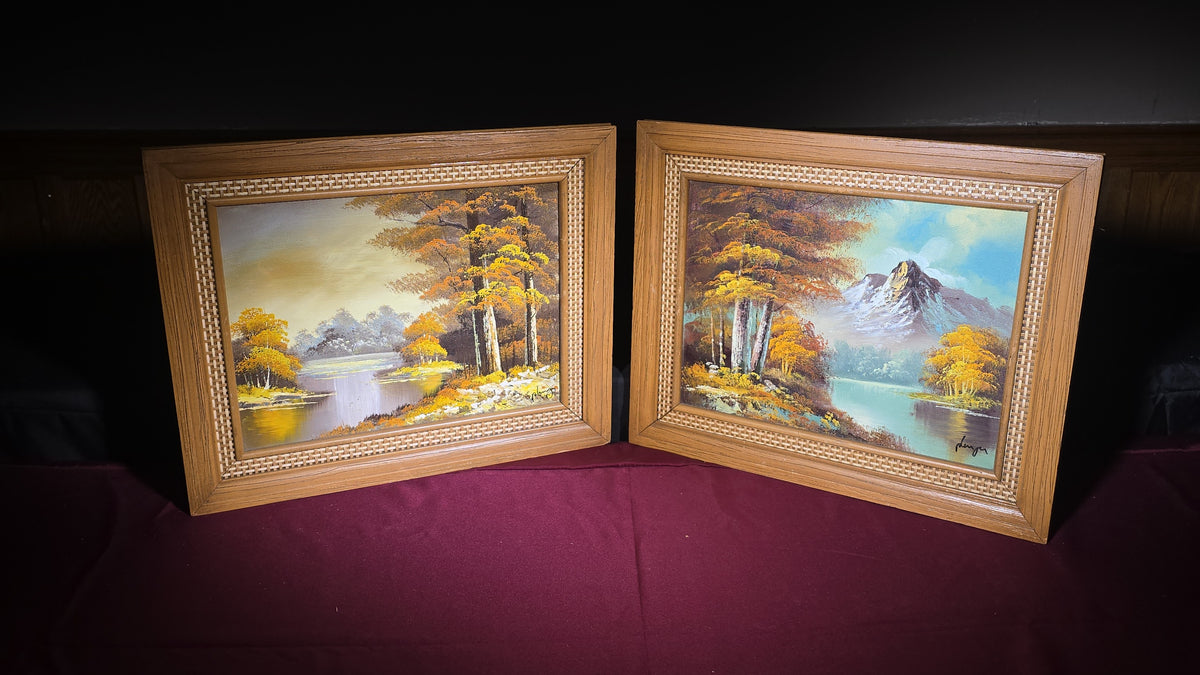Pair of Vintage Framed Oil Paintings on Canvas, Autumn Landscape Scenes, Signed