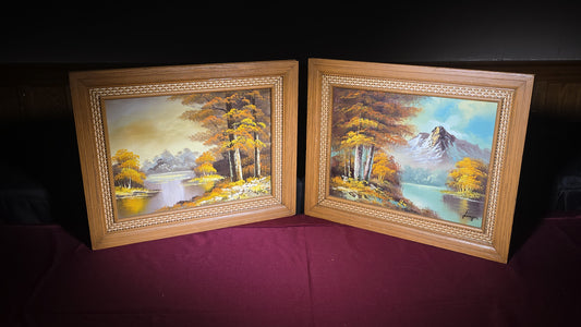 Pair of Vintage Framed Oil Paintings on Canvas, Autumn Landscape Scenes, Signed