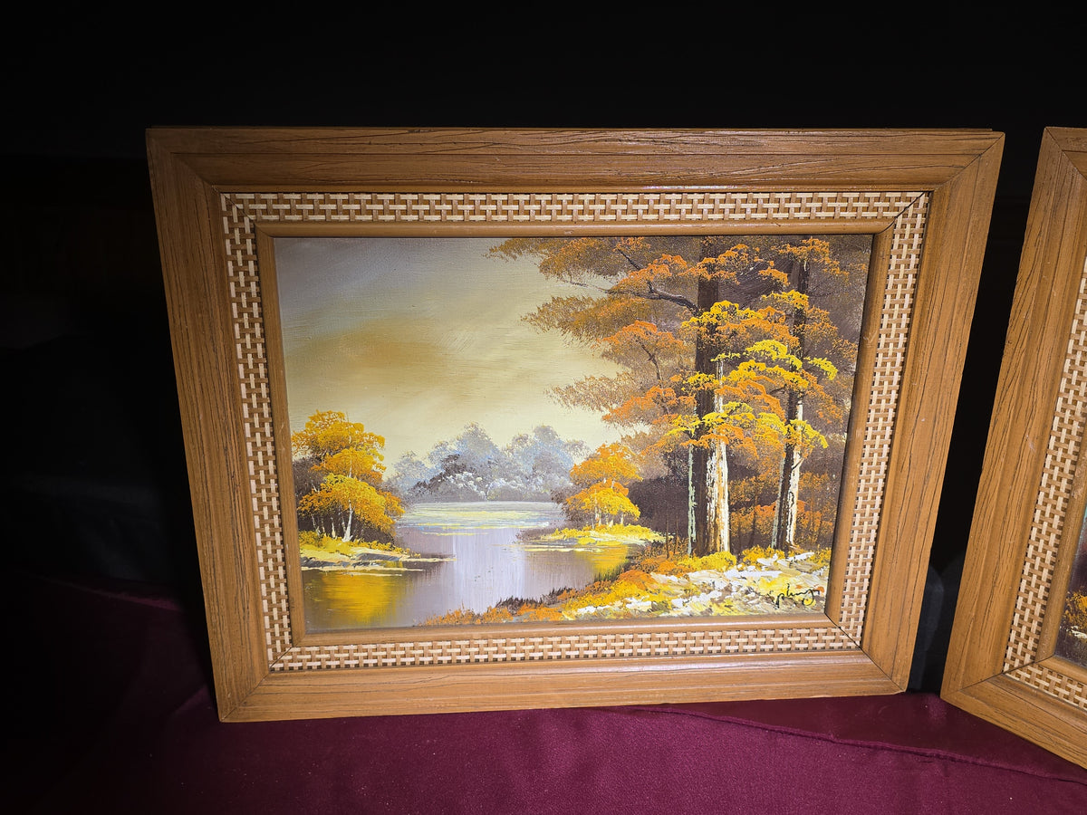 Pair of Vintage Framed Oil Paintings on Canvas, Autumn Landscape Scenes, Signed