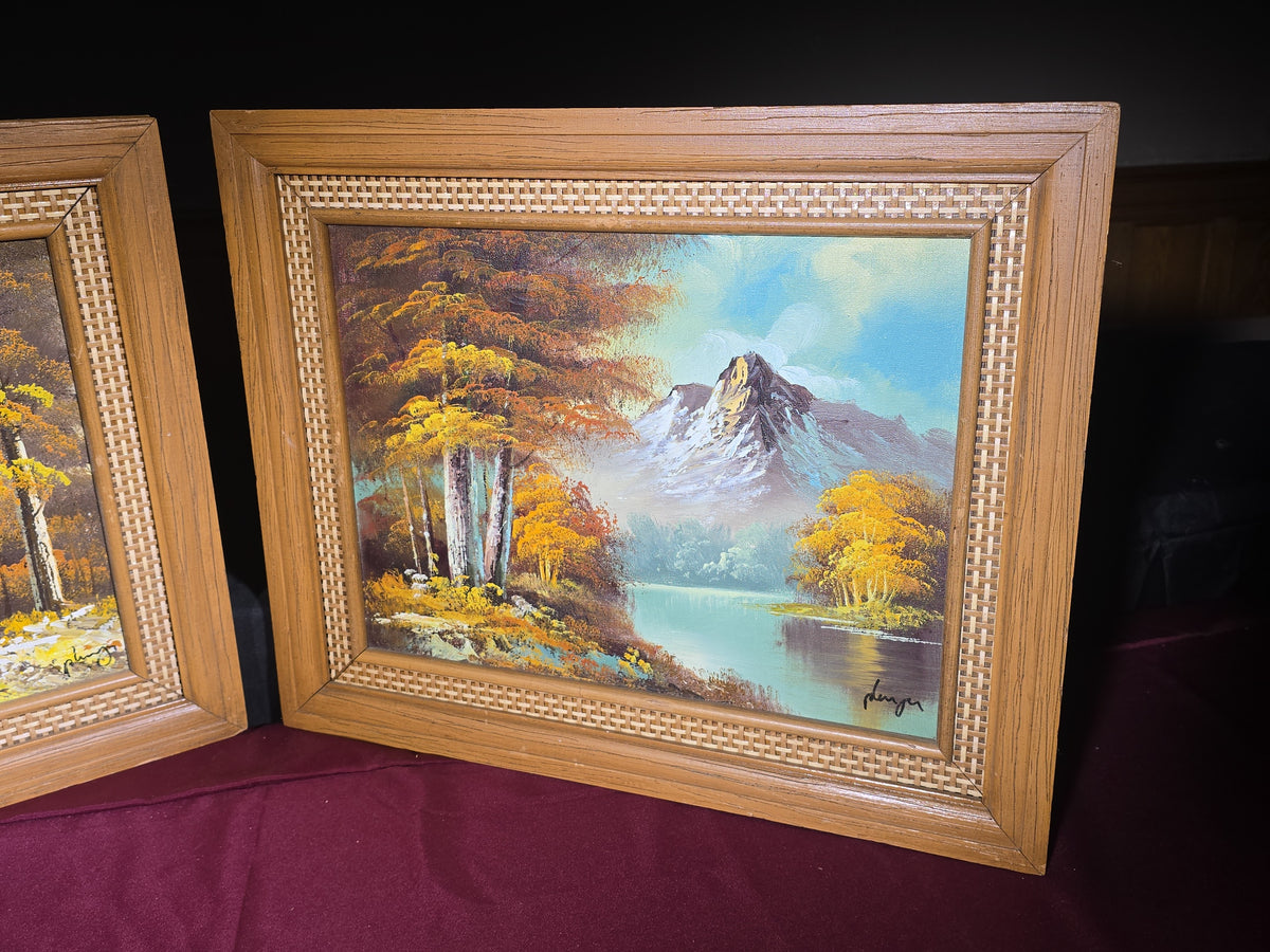 Pair of Vintage Framed Oil Paintings on Canvas, Autumn Landscape Scenes, Signed