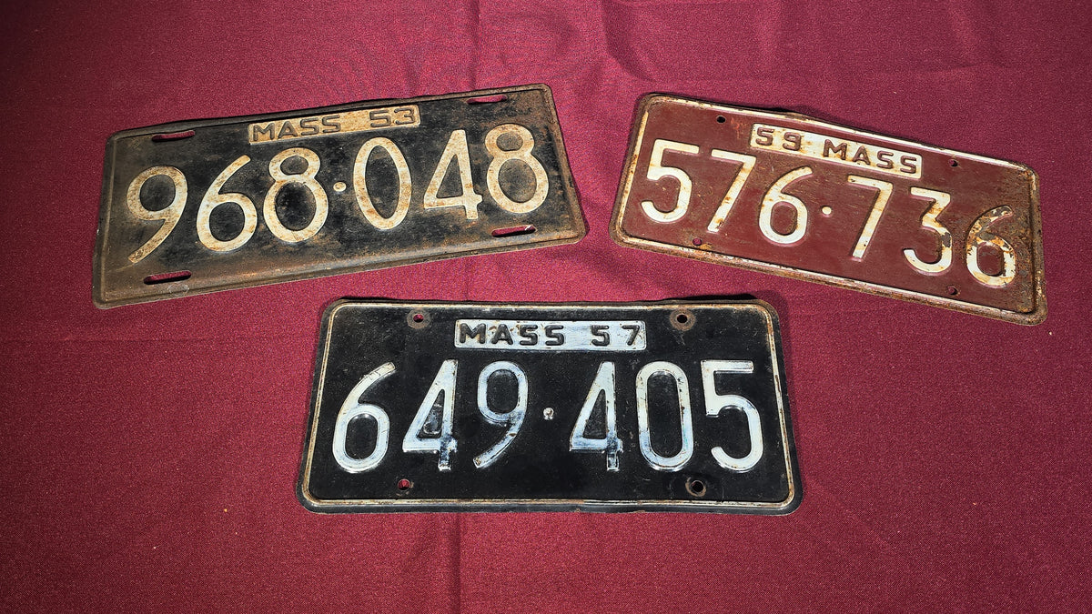 Grouping of Three Vintage 1950s Massachusetts License Plates, 1953, 1957, and 1959