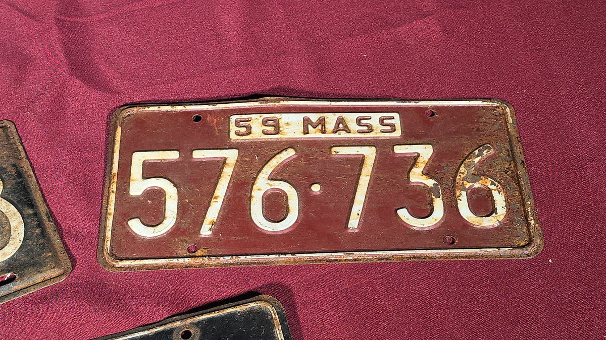 Grouping of Three Vintage 1950s Massachusetts License Plates, 1953, 1957, and 1959