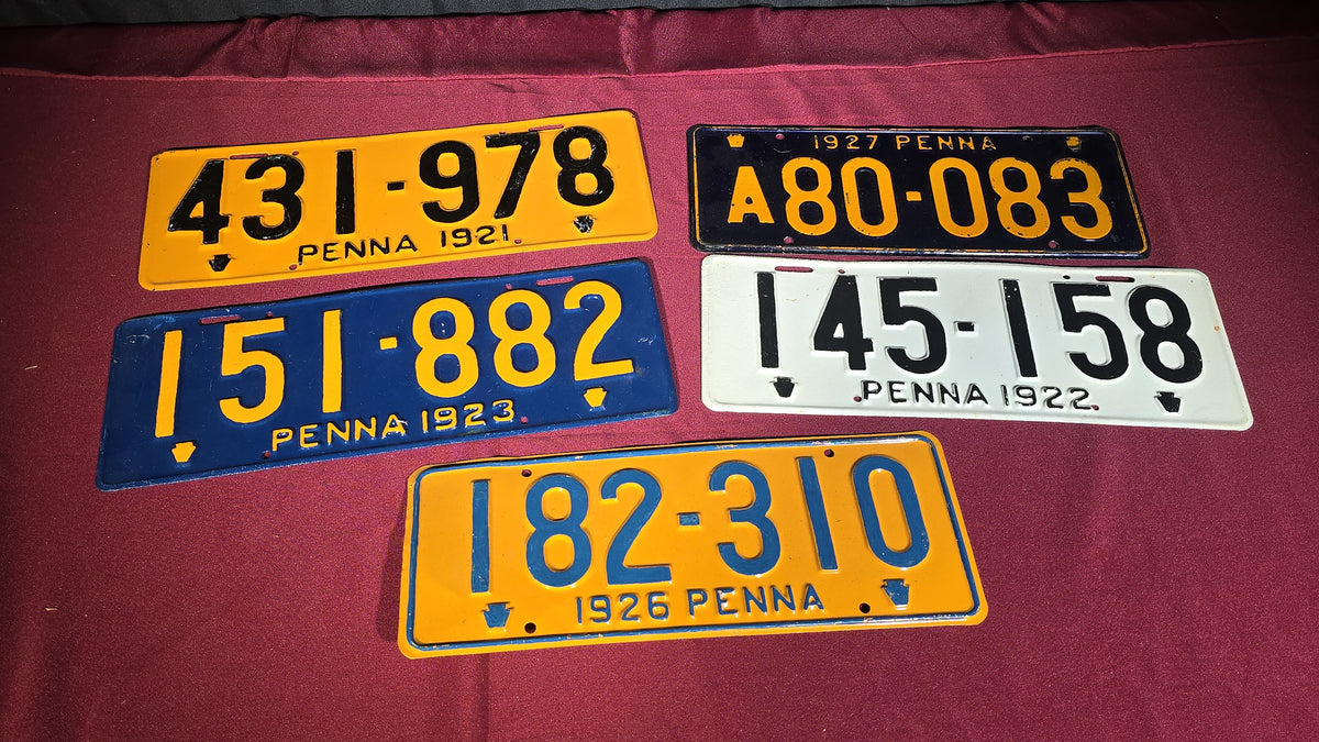 Grouping of Five Antique 1920s Pennsylvania License Plates, 1921 through 1927