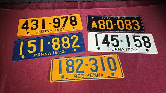 Grouping of Five Antique 1920s Pennsylvania License Plates, 1921 through 1927