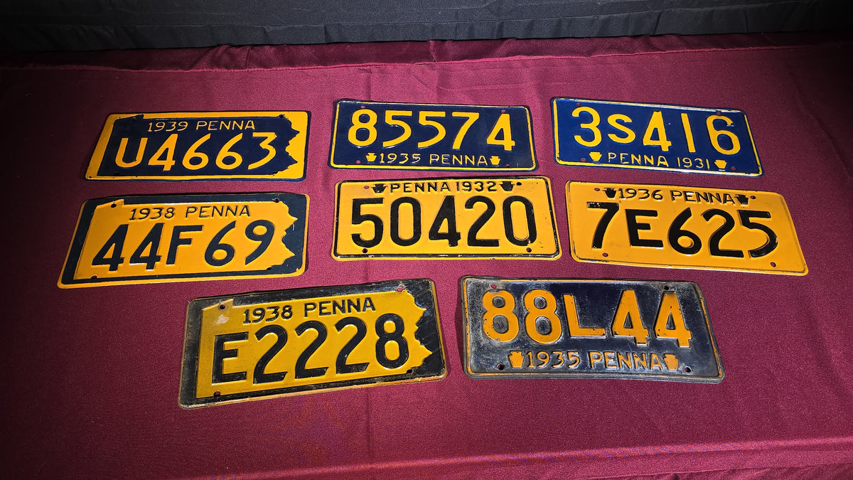 Grouping of Eight Antique 1930s Pennsylvania License Plates, 1931–1939