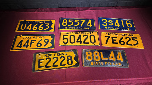 Grouping of Eight Antique 1930s Pennsylvania License Plates, 1931–1939