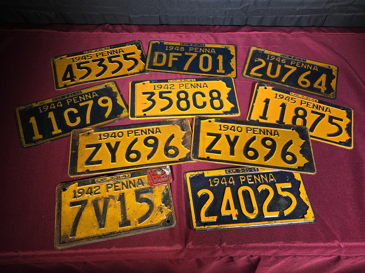 Grouping of 10 Antique 1940s Pennsylvania License Plates including a Matched Pair, 1940–1948