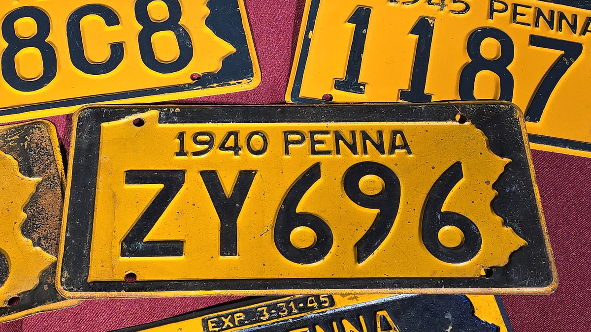 Grouping of 10 Antique 1940s Pennsylvania License Plates including a Matched Pair, 1940–1948