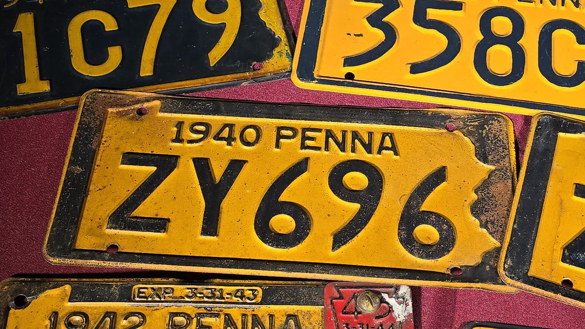 Grouping of 10 Antique 1940s Pennsylvania License Plates including a Matched Pair, 1940–1948