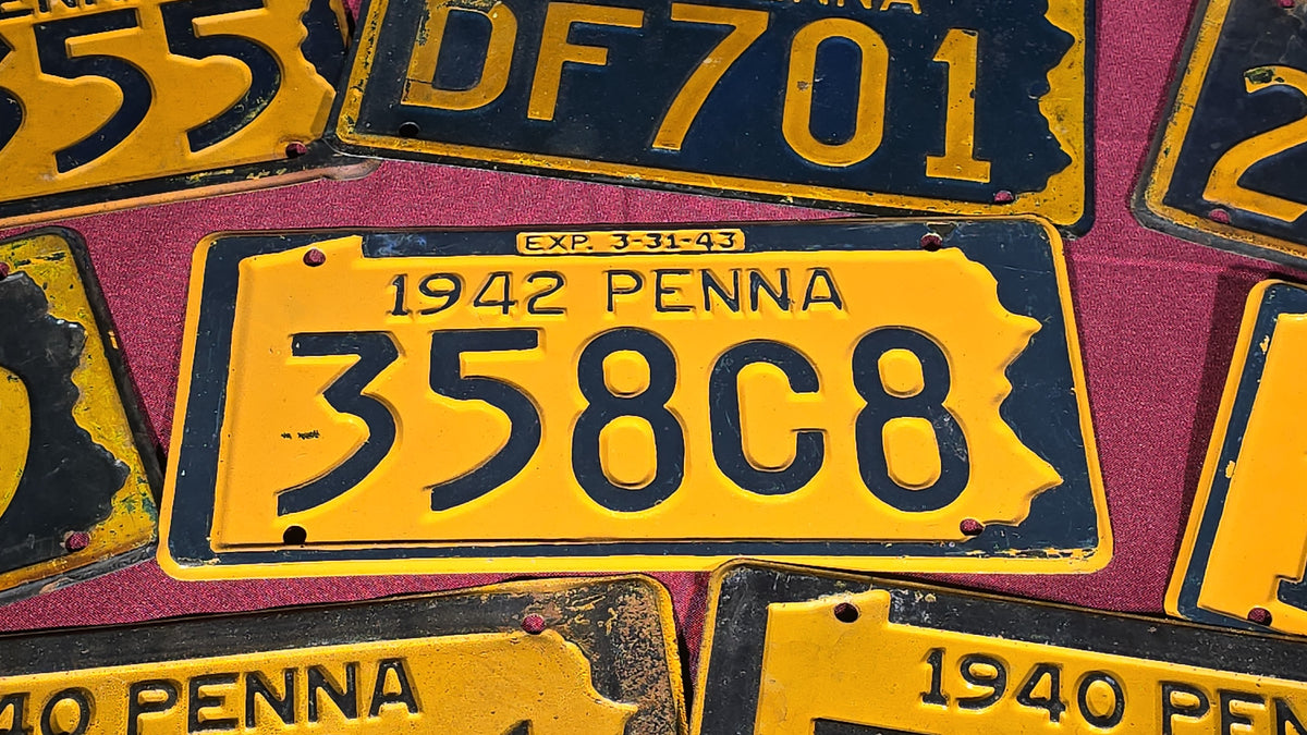 Grouping of 10 Antique 1940s Pennsylvania License Plates including a Matched Pair, 1940–1948