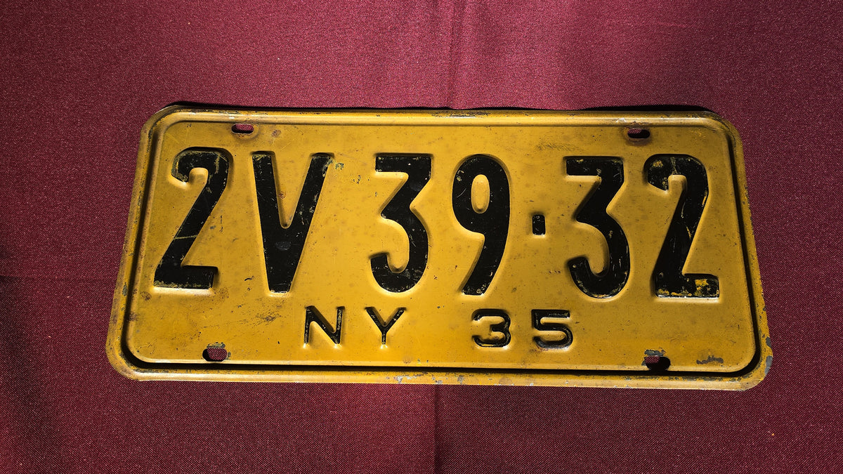 Vintage 1935 New York License Plate, Number 2V-39-32