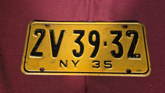 Vintage 1935 New York License Plate, Number 2V-39-32