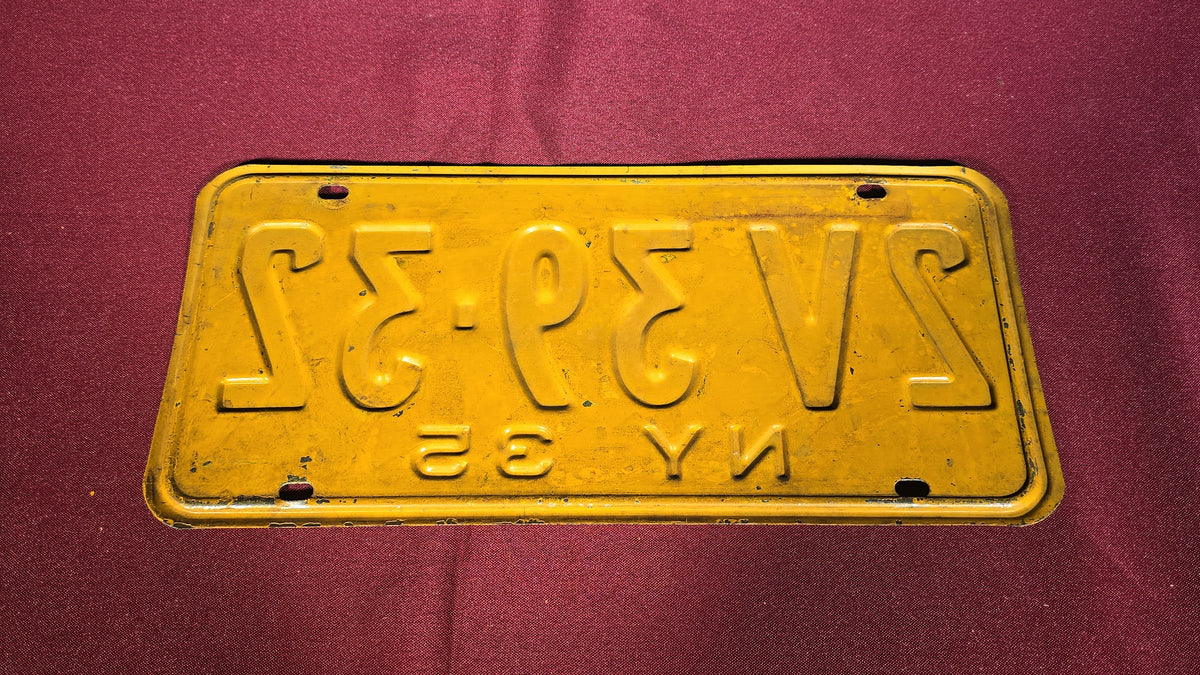 Vintage 1935 New York License Plate, Number 2V-39-32