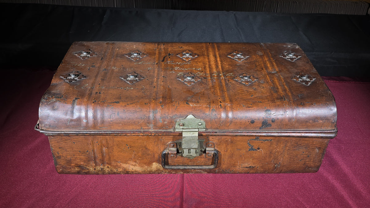 Antique Steel Steamer Trunk by J.M. Langley, 218 Bourke Street East, Melbourne, Addressed to Boston, U.S.A.