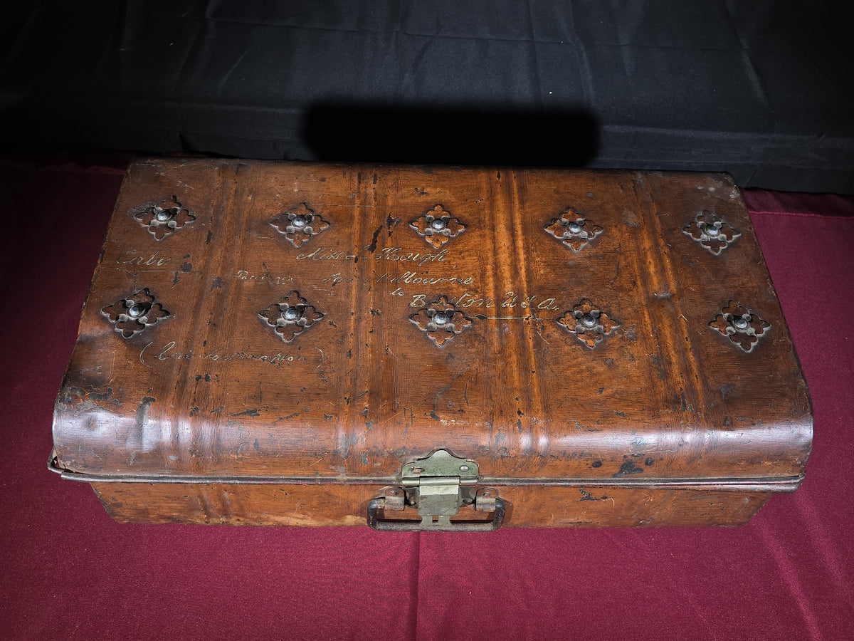 Antique Steel Steamer Trunk by J.M. Langley, 218 Bourke Street East, Melbourne, Addressed to Boston, U.S.A.