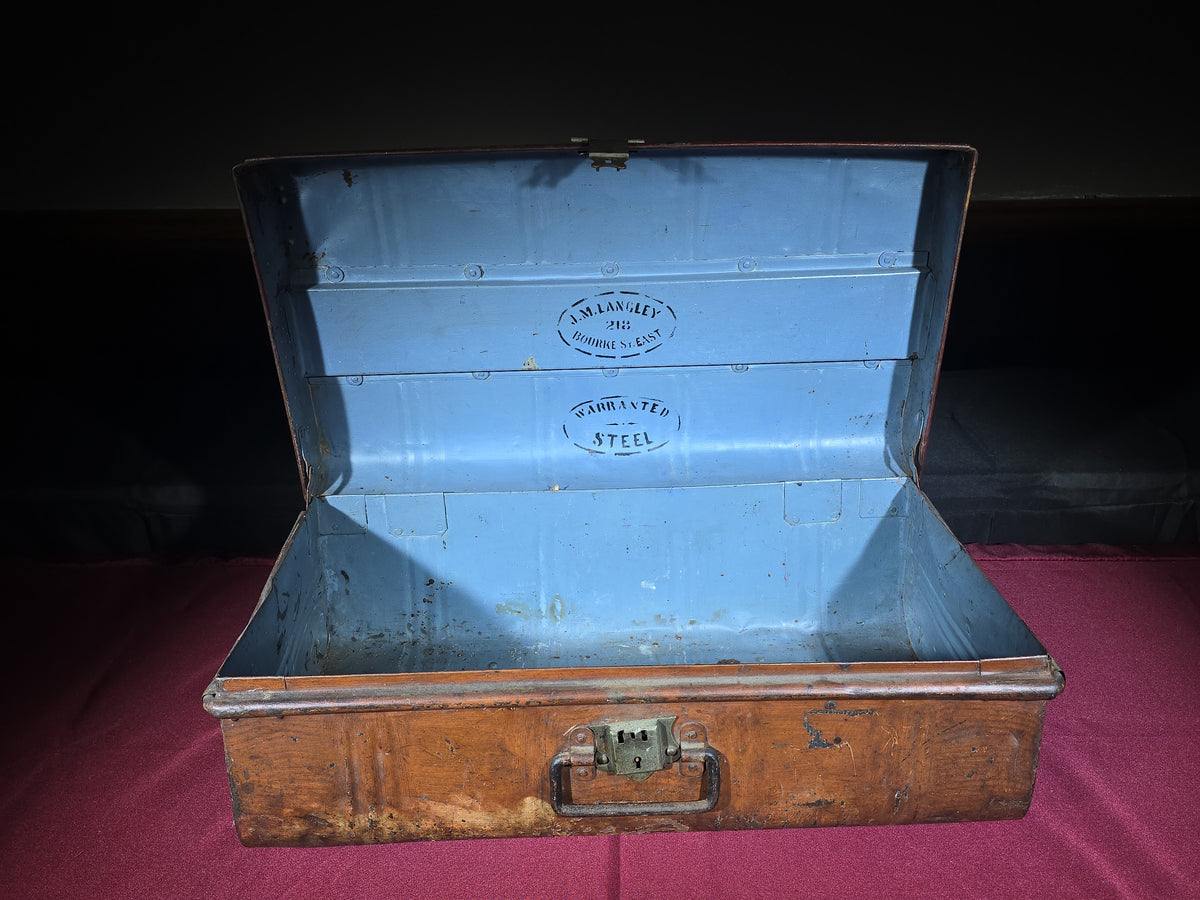Antique Steel Steamer Trunk by J.M. Langley, 218 Bourke Street East, Melbourne, Addressed to Boston, U.S.A.