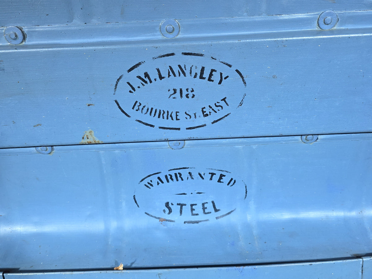 Antique Steel Steamer Trunk by J.M. Langley, 218 Bourke Street East, Melbourne, Addressed to Boston, U.S.A.