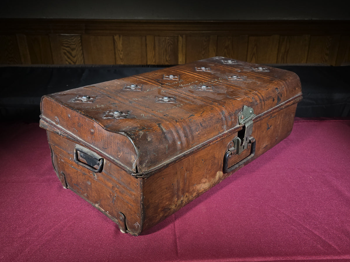 Antique Steel Steamer Trunk by J.M. Langley, 218 Bourke Street East, Melbourne, Addressed to Boston, U.S.A.
