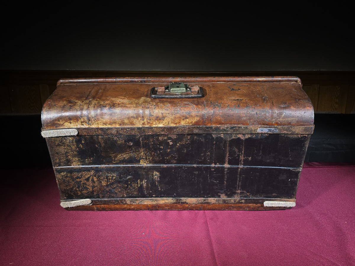 Antique Steel Steamer Trunk by J.M. Langley, 218 Bourke Street East, Melbourne, Addressed to Boston, U.S.A.