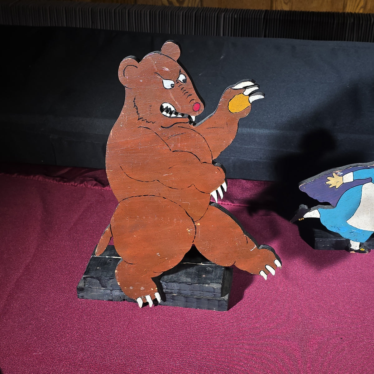 Grouping of Four Vintage Folk Art Hand-Painted Wooden Cutout Figures including Bear, Turkey, and Two Pilgrim Women