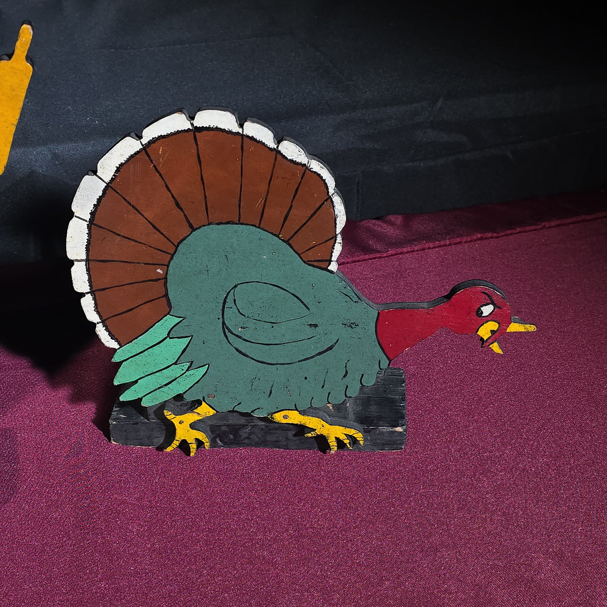 Grouping of Four Vintage Folk Art Hand-Painted Wooden Cutout Figures including Bear, Turkey, and Two Pilgrim Women